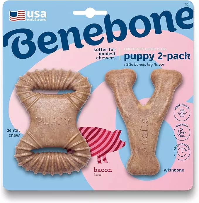 Benebone 2 Pack Bacon Flavored Dental Chew and Wishbone Dog Chew Toy - Puppy