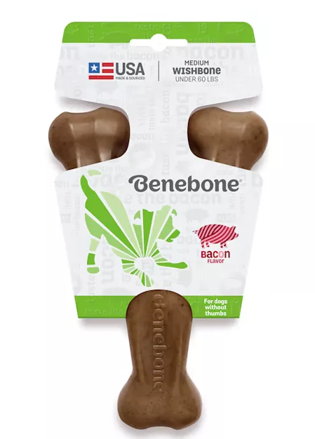 Benebone Wishbone Durable Medium Dog Chew Toy Real Bacon