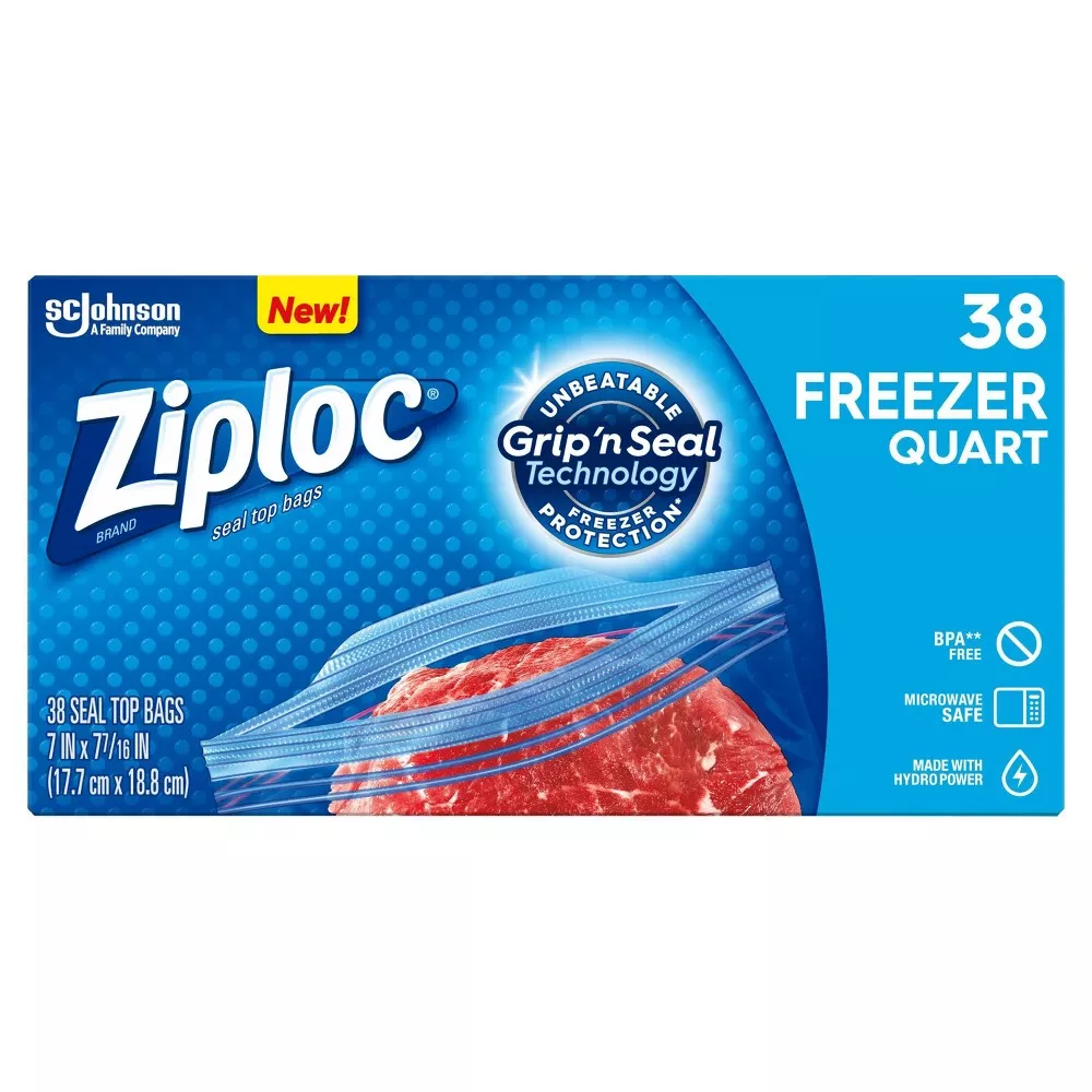 Ziploc Freezer Bags, Easy Open Tabs, Quart, 38 Coun